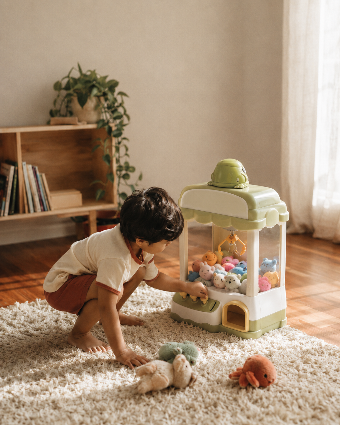 Toddler reaching into a mini claw machine on a sunlit rug — Teeny Pandas curated kids store