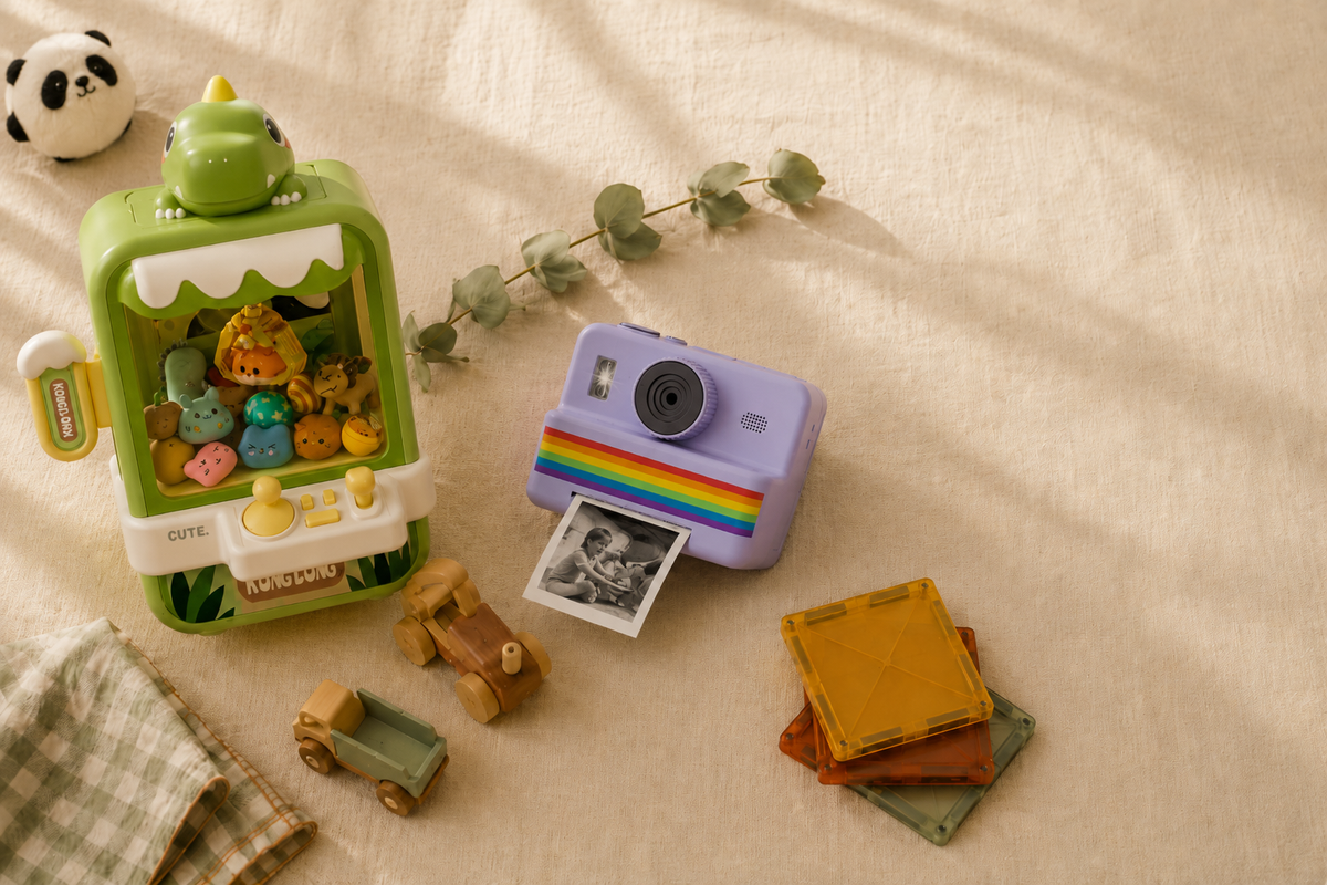 Curated kids toys flatlay — claw machine, magnetic tiles, plushie and instant camera by Teeny Pandas