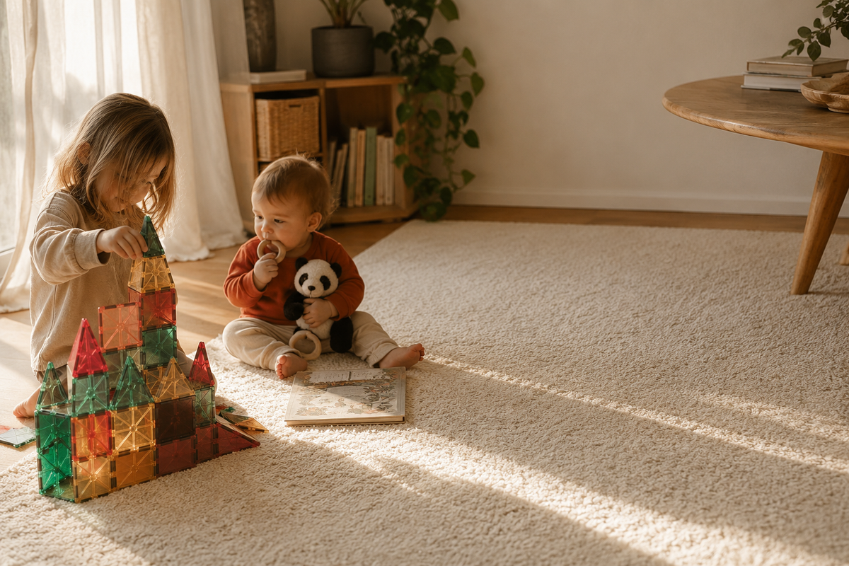 Two siblings playing with magnetic tiles and a panda plushie at home — Teeny Pandas