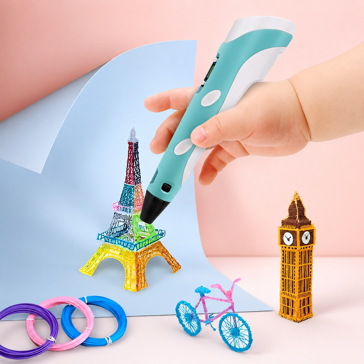 3D printing pen for kids shown with creative 3D artwork