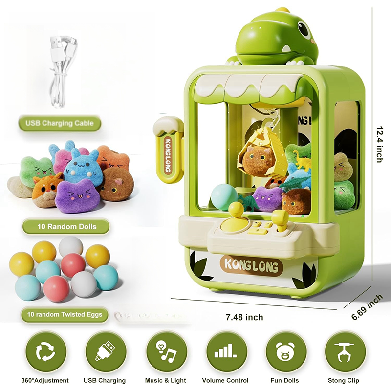 Mini Green Dino Claw Machine for Kids- Adjustable Arcade Game with Music & Prizes Teeny Pandas