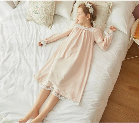 Girl’s Pink Princess Sleepshirt – Royal Style Lace Square Neck Nightgown
