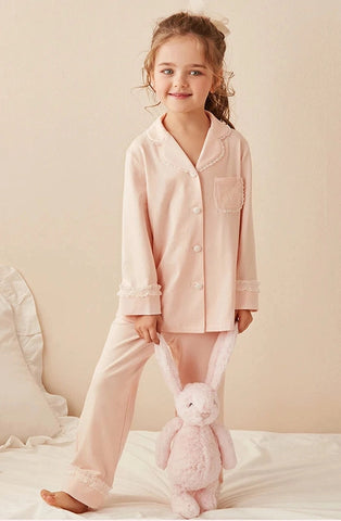 Girls Lolita Turndown Collar Pajama Set – Long Sleeve Top & Pants