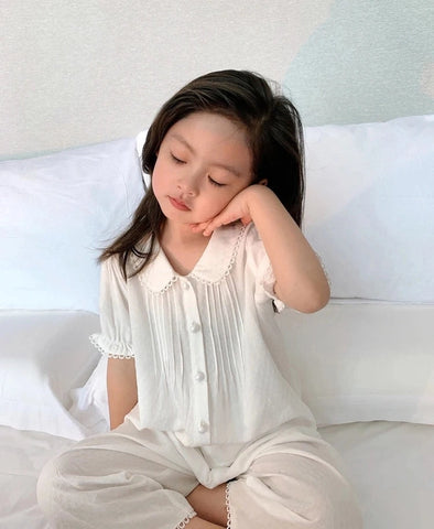 Girl's Turndown Collar Pajama Set – Summer Pleated Sleepwear