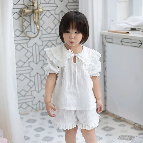 Girls Lolita Pajama Sets – Ruffle Peter Pan Collar Tops + Shorts