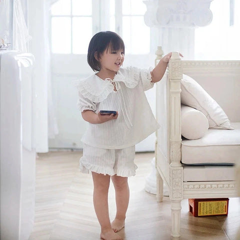 Girls Lolita Pajama Sets – Ruffle Peter Pan Collar Tops + Shorts