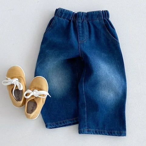 Wide Leg Denim Pants for Girls – Elastic Waist Ankle-Length Trousers