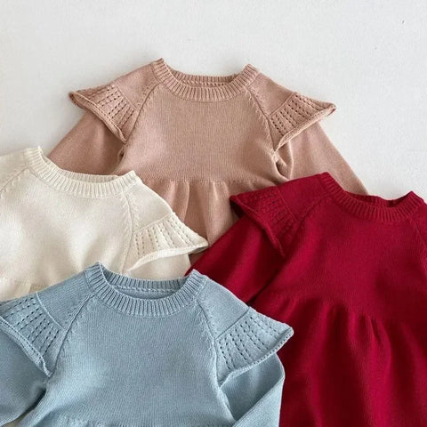 Girls Ruffle Knitted Wool Long Sleeve Dress - Autumn Sweater Dress