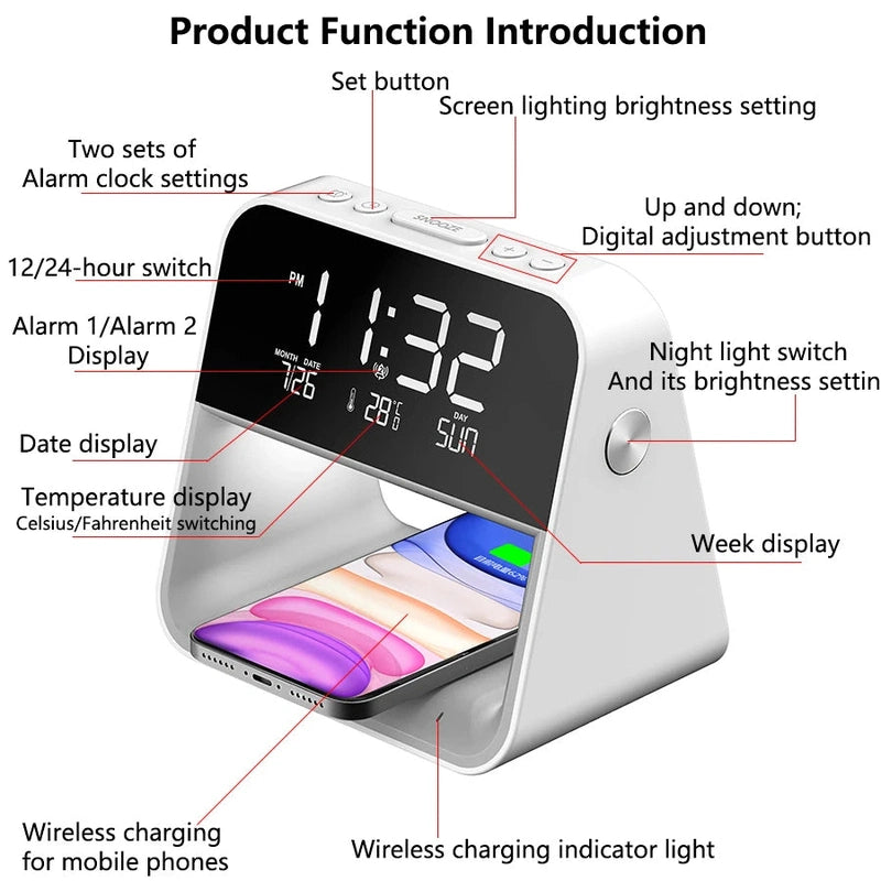 Bedroom Bedside Lamp Clock with Wireless Charging & Snooze Function - product detail view 9
