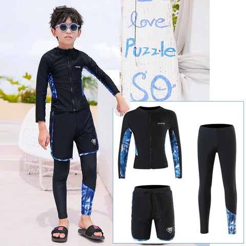 Three-Piece Rash Guard Set – Long Sleeve Zipper Hoodie Shirt, Pants & Swimwear Set