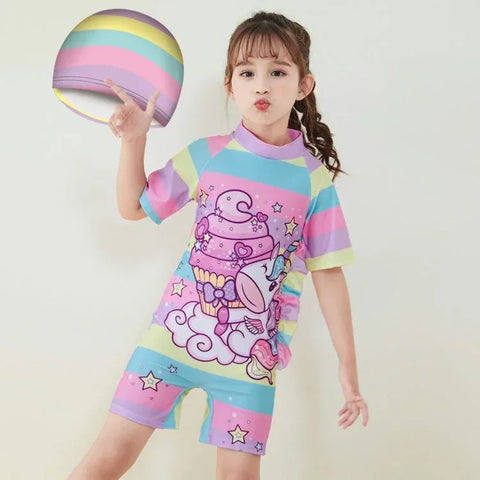 Cute Cartoon Short Sleeve Swimsuit with Cap