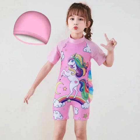 Cute Cartoon Short Sleeve Swimsuit with Cap