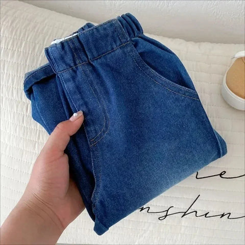 Wide Leg Denim Pants for Girls – Elastic Waist Ankle-Length Trousers