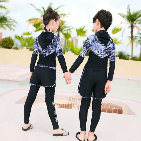 Three-Piece Rash Guard Set – Long Sleeve Zipper Hoodie Shirt, Pants & Swimwear Set