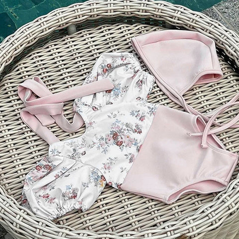 Baby Girls Beachwear Rompers – Short Sleeved Swimsuit with Hat