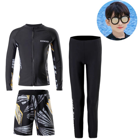 Three-Piece Rash Guard Set – Long Sleeve Zipper Hoodie Shirt, Pants & Swimwear Set