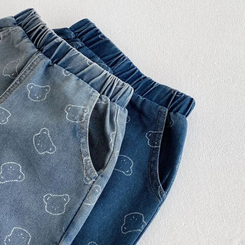 Children’s Spring Jeans – Soft Denim Bear Printed Harem Pants for Kids