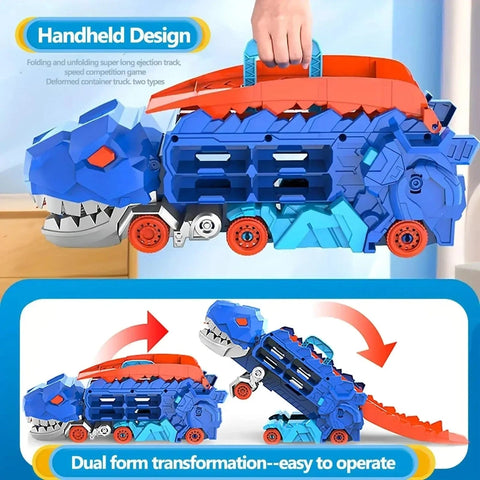 Dinosaur Truck Toy with Metal Cars, Racing Tracks, and Storage