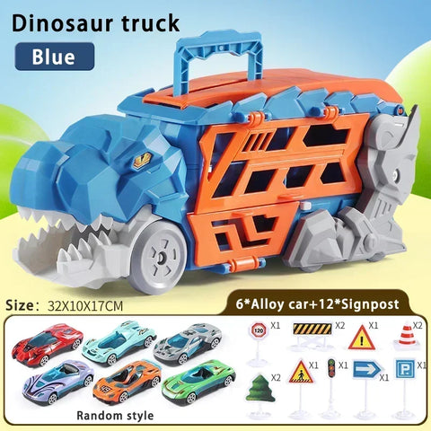 Dinosaur Truck Toy with Metal Cars, Racing Tracks, and Storage