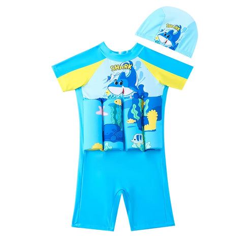 Kids Shark Print Floating Swimsuit with Cap
