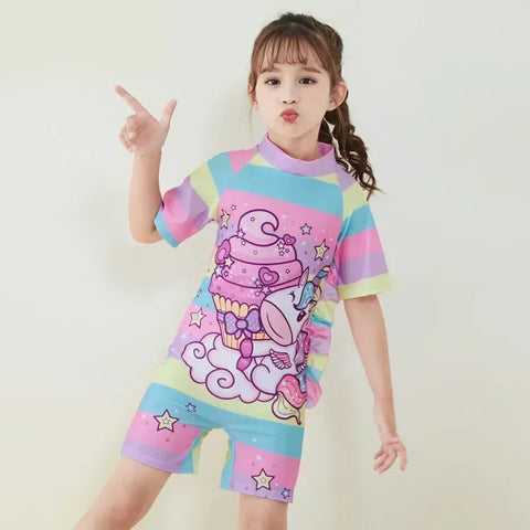 Cute Cartoon Short Sleeve Swimsuit with Cap