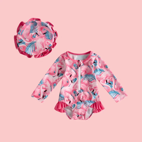 Long Sleeve Swimwear Rash Guard with Sun Hat for Girls