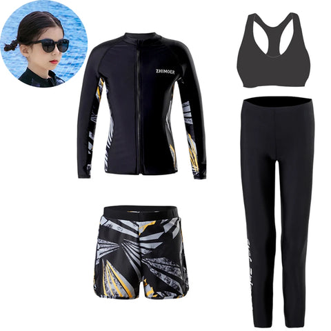 Three-Piece Rash Guard Set – Long Sleeve Zipper Hoodie Shirt, Pants & Swimwear Set