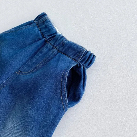 Wide Leg Denim Pants for Girls – Elastic Waist Ankle-Length Trousers