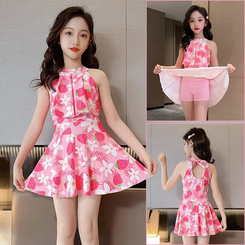 Cute Strawberry-Print Two-Piece Swimwear Set for Girls