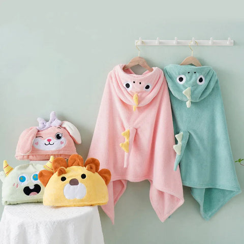 Kids Hooded Bath Towel - Coral Fleece Children Cartoon Cloak Bathrobe