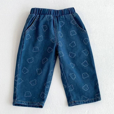 Children’s Spring Jeans – Soft Denim Bear Printed Harem Pants for Kids