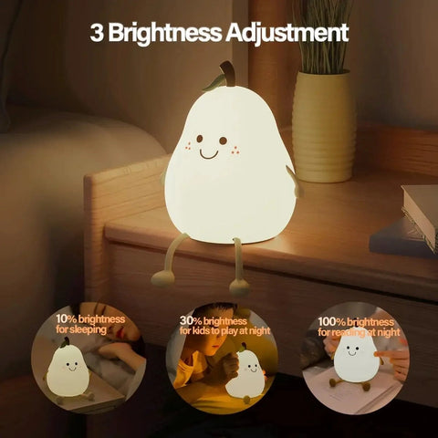 LED Cute Pear Night Light - Dimmable & USB Rechargeable Nursery Lamp