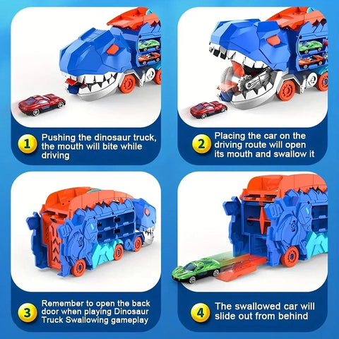 Dinosaur Truck Toy with Metal Cars, Racing Tracks, and Storage