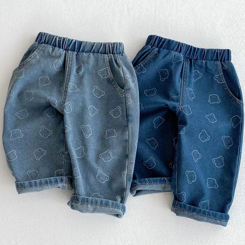 Children’s Spring Jeans – Soft Denim Bear Printed Harem Pants for Kids