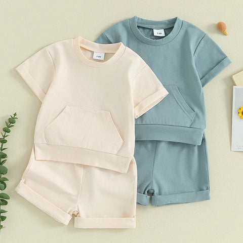2-Piece Outfit Set for Boys – Solid Color Pocket T-Shirt & Elastic Shorts for Summer