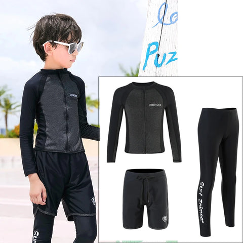Three-Piece Rash Guard Set – Long Sleeve Zipper Hoodie Shirt, Pants & Swimwear Set