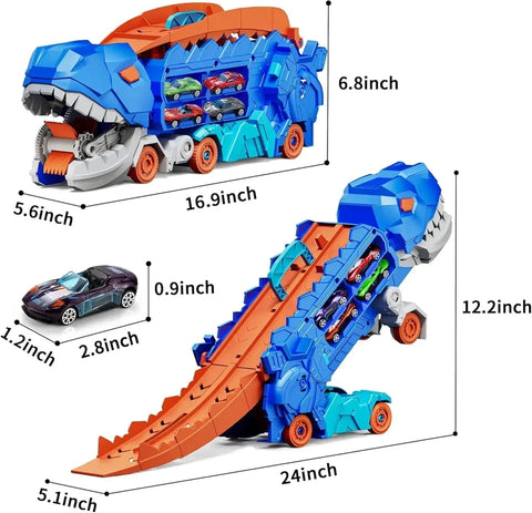 Dinosaur Truck Toy with Metal Cars, Racing Tracks, and Storage