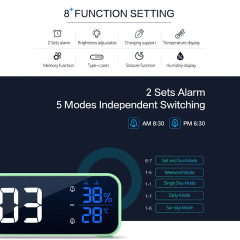LED Digital Alarm Clock - With Voice Control & Temperature Display