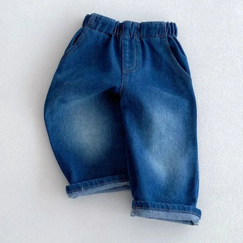 Wide Leg Denim Pants for Girls – Elastic Waist Ankle-Length Trousers