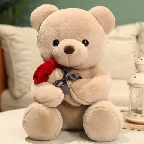 Cute Teddy Bear with Roses Plush Toy – Romantic Stuffed Doll