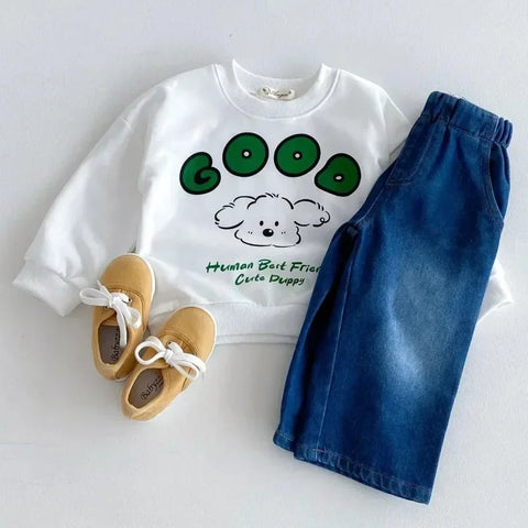 Wide Leg Denim Pants for Girls – Elastic Waist Ankle-Length Trousers