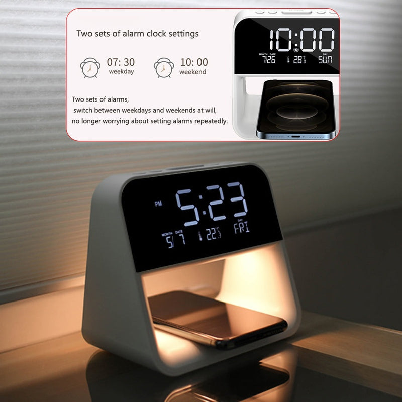 Bedroom Bedside Lamp Clock with Wireless Charging & Snooze Function - product detail view 4