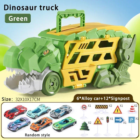 Dinosaur Truck Toy with Metal Cars, Racing Tracks, and Storage