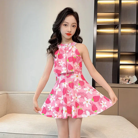 Cute Strawberry-Print Two-Piece Swimwear Set for Girls
