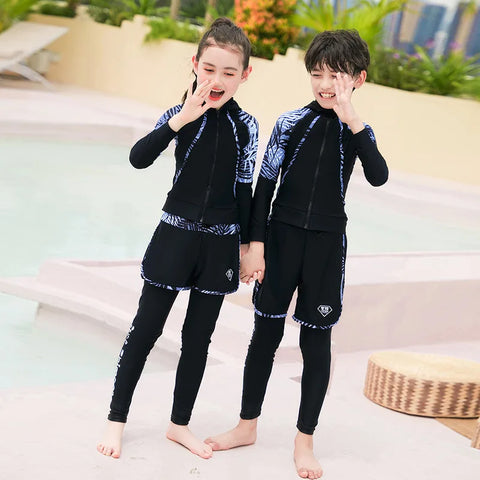 Three-Piece Rash Guard Set – Long Sleeve Zipper Hoodie Shirt, Pants & Swimwear Set