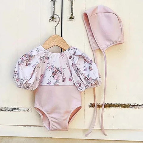 Baby Girls Beachwear Rompers – Short Sleeved Swimsuit with Hat
