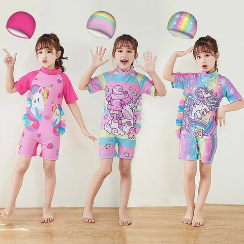 Cute Cartoon Short Sleeve Swimsuit with Cap