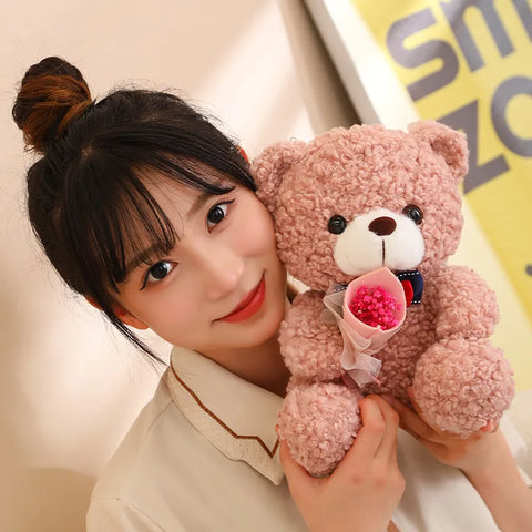 Kawaii Teddy Bear with Bouquet Plush Toy – Soft Stuffed Bow Tie Bear