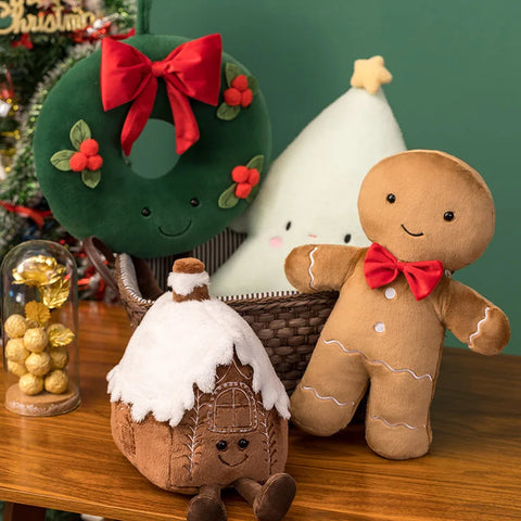 Christmas Gingerbread Plush Pillow – Festive Stuffed Cookie & Cabin Plushie