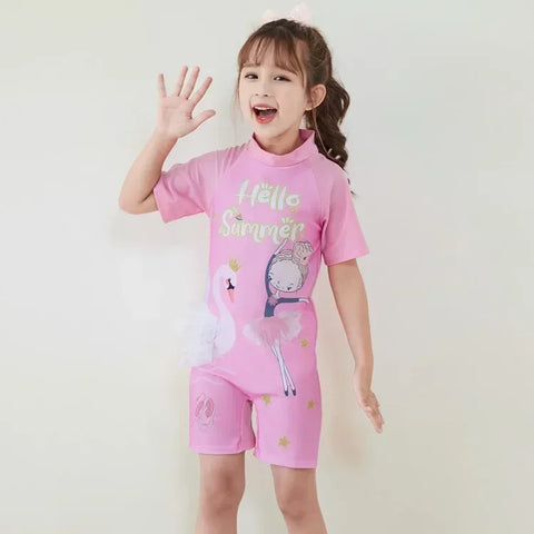 Cute Cartoon Short Sleeve Swimsuit with Cap